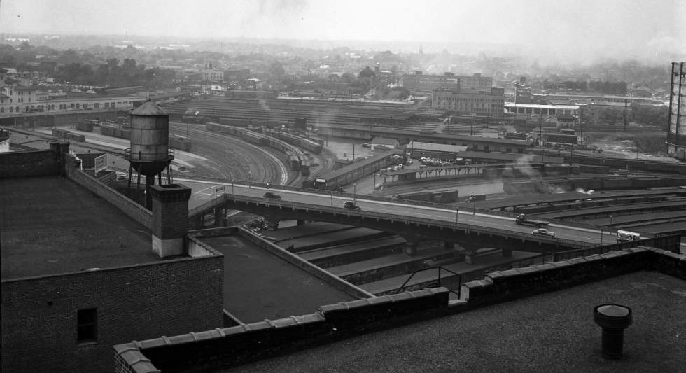 Black and white photo of Spring Street Viaduct, 1942