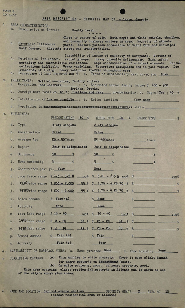 Document describing characteristics of people living in the Capitol Avenue Section of Atlanta including age, ethnicity, and occupation.