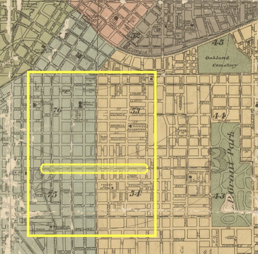Zoomed in section of map with neighborhood defined in blue on the left side and neighborhood defined in yellow on the right side.