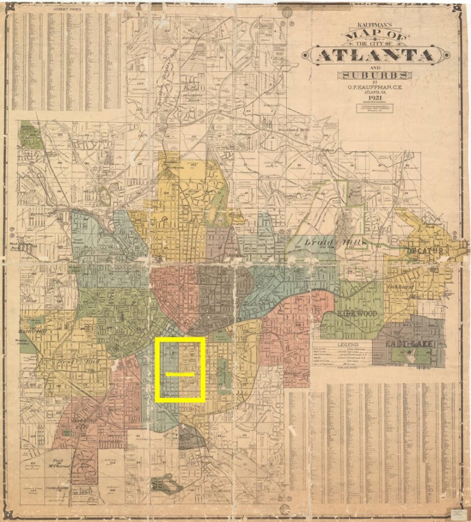 Large map showing different neighborhoods demarkated by different colors.