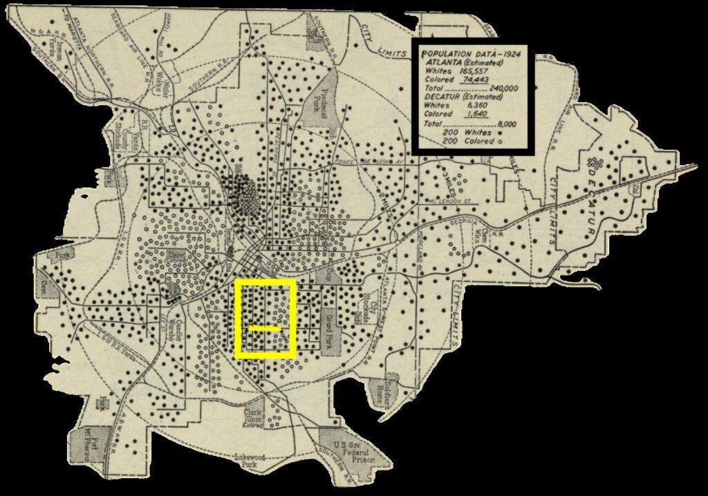 Map of Atlanta with numerous black dots indicating population concentration and demographic distribution in various neighborhoods.