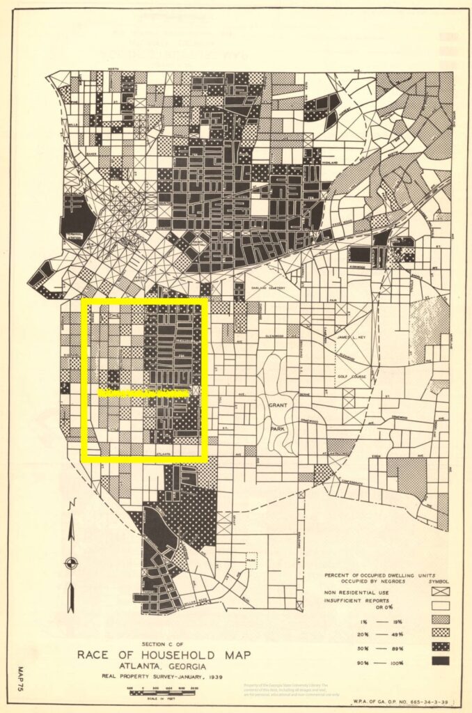Map of a section of Atlanta with differently shaded sections in various neighborhood blocks.