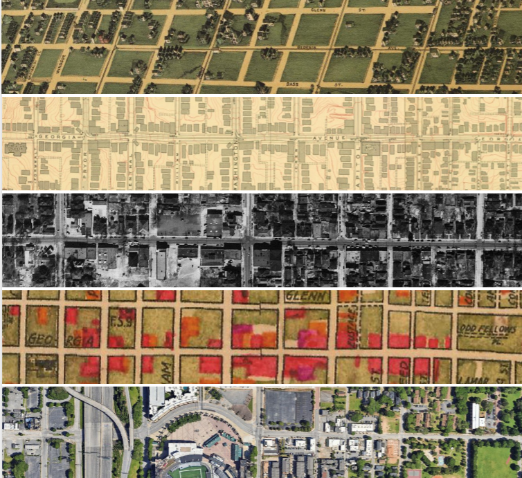 Horizontal collage of Georgia Avenue aerial maps ranging from the 19th through the 21st century.