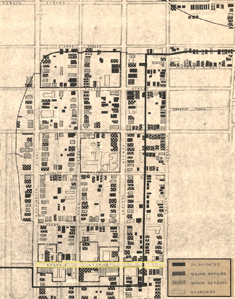 Sepia tone map with neighborhoods outlined in black and buildings indicated with shaded blocks. Georgia Avenue is highlighted in yellow toward the bottom of the image.