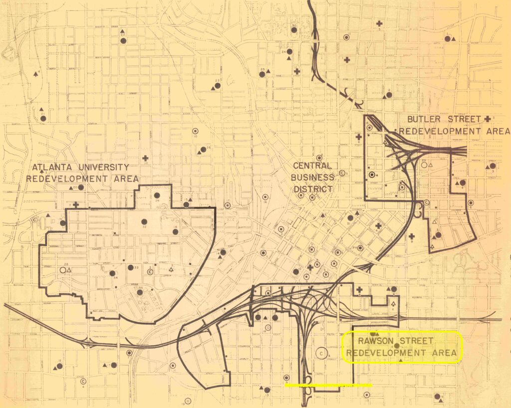 Yellow map with sections outlined in black including Rawson Street Redevelopment Area in the bottom right, circled in yellow.