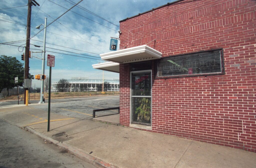 Color photo of a brick storefront