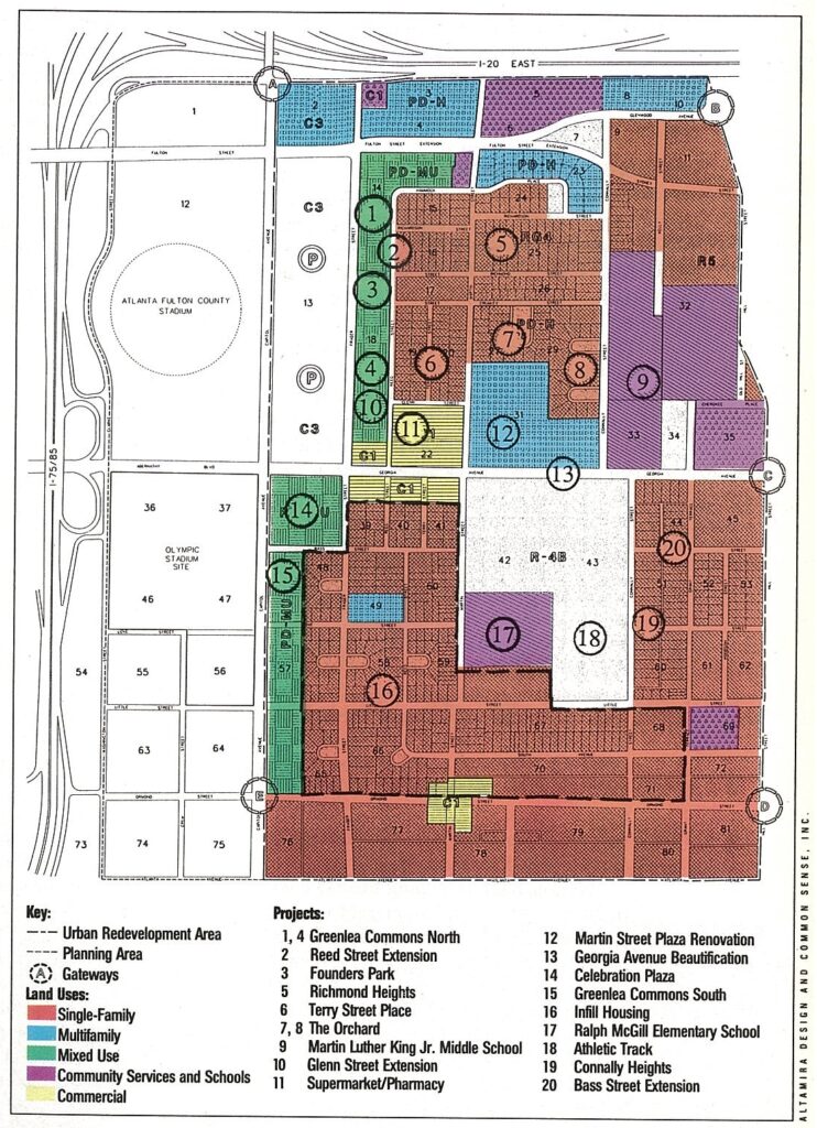 Zoning map with colors indicating different land uses. Red indicates "single family," blue indicates "multifamily," green indicates "mixed use," purple indicates "community services and schools," and yellow indicates "commercial."