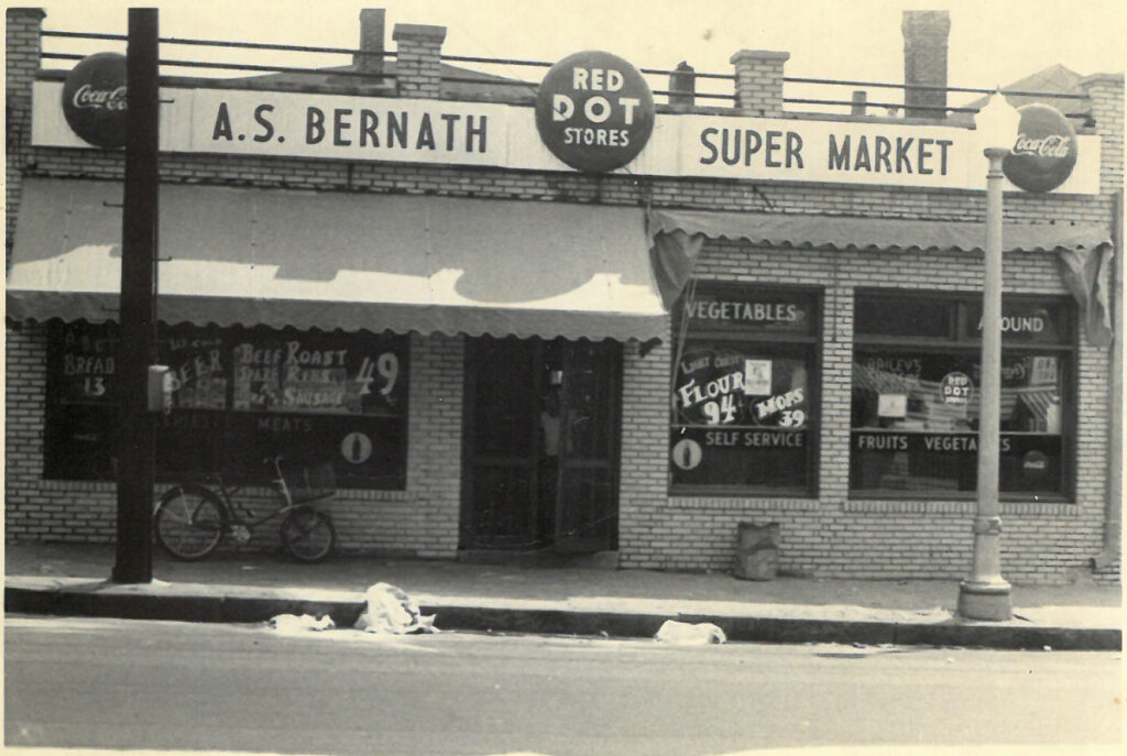 Black and white photograph of A.S. Bernath Super Market facade