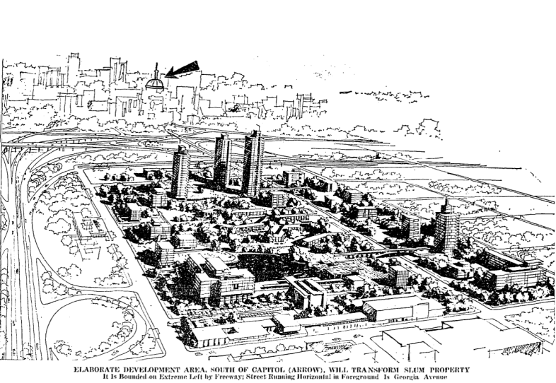 Black and white illustration showing a an area with skyscrapers, parklands, and variety of other structures with the capitol dome indicated at the top of the image. The headline reads "Elaborate Redevelopment Area South of Capitol (Arrow) Will Transform Slum Property