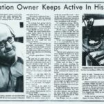 Image of a news clipping entitled Radio Station Owner Keeps Active in His Business with two images of a man at a radio microphone 