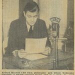 Image of a news clipping entitled Launches Cheerful Givers with an image of a man at a desk with a piece of paper in his hands and a WRDW radio microphone in front of him