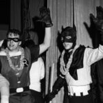 black and white image of Craig Crissman and John Doyle dressed in Batman and Robin costumes for WSB's Holiday on Ice.