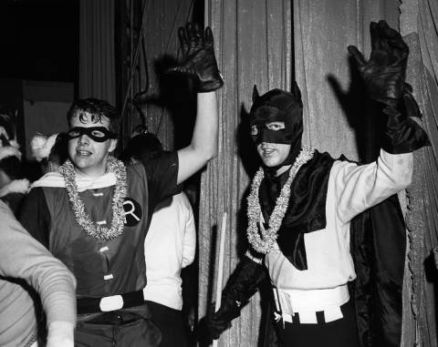 black and white image of Craig Crissman and John Doyle dressed in Batman and Robin costumes for WSB's Holiday on Ice.
