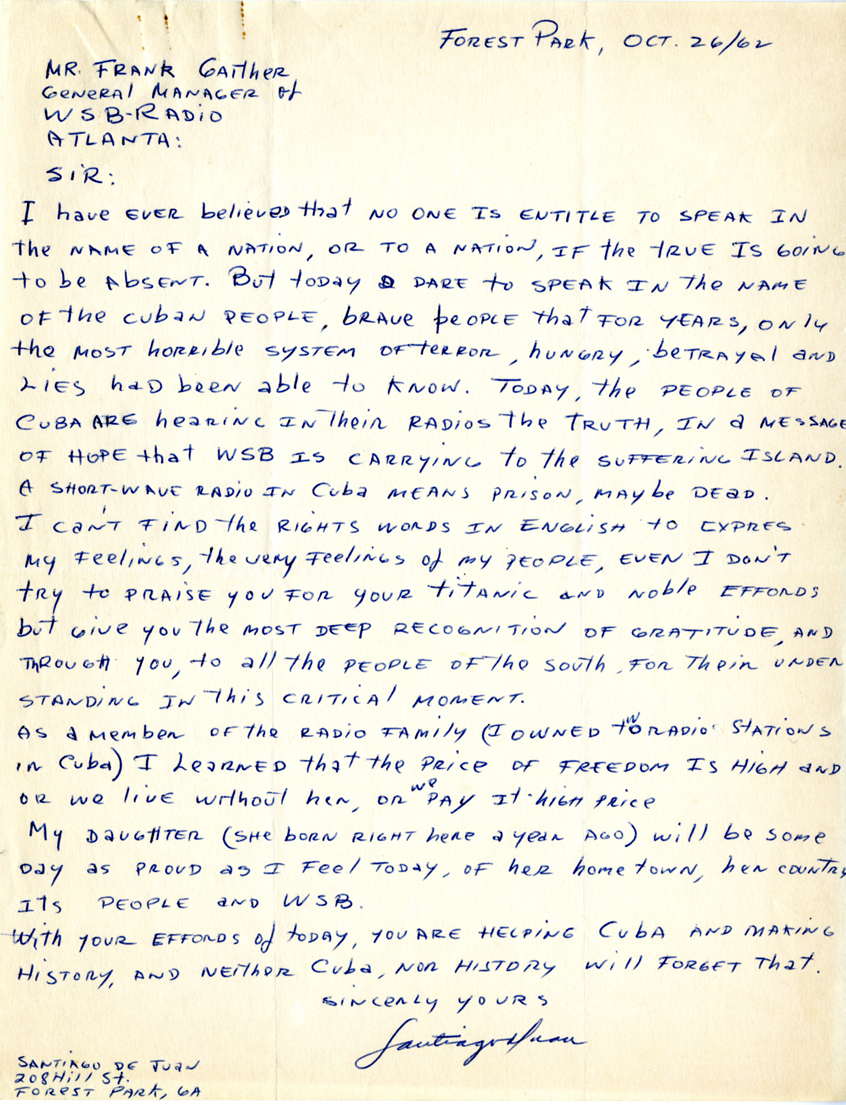 Image of a letter sent to WSB radio from Santiago De Juan, a Cuban living in Georgia