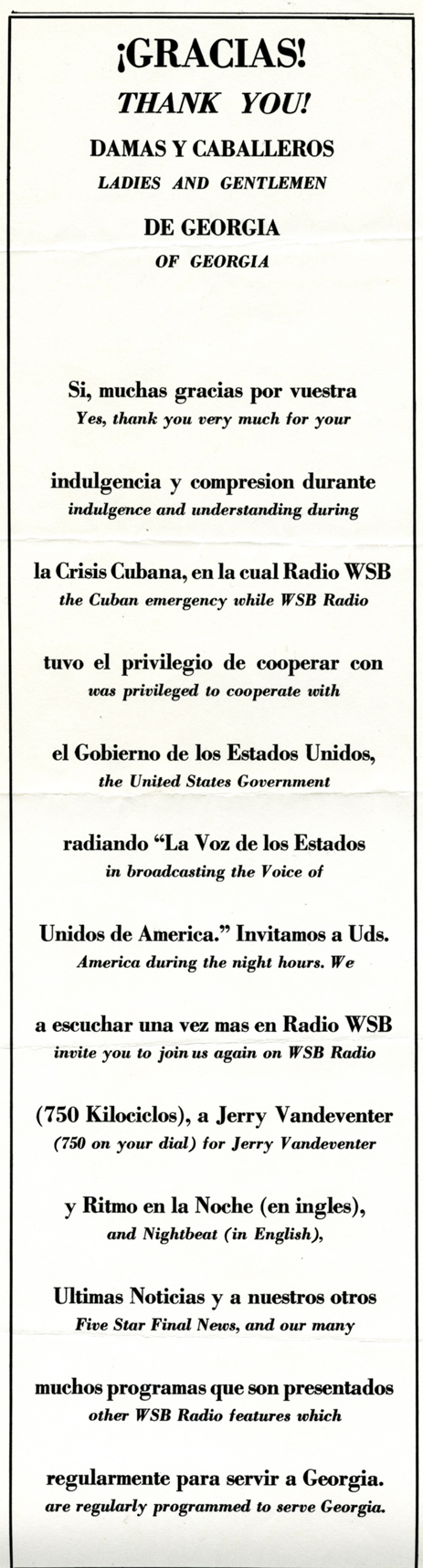 Image of a flyer distributed by WSB radio in both English and Spanish thanking listeners for their understanding during the Cuban Missile Crisis