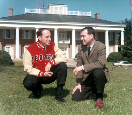 UGA football coach Vince Dooley and WSB Radio Sports Director Phil Schaefer, a few years after WSB’s original song, “Won’t You Come Home Vince Dooley” played its part at keeping Dooley in Georgia.