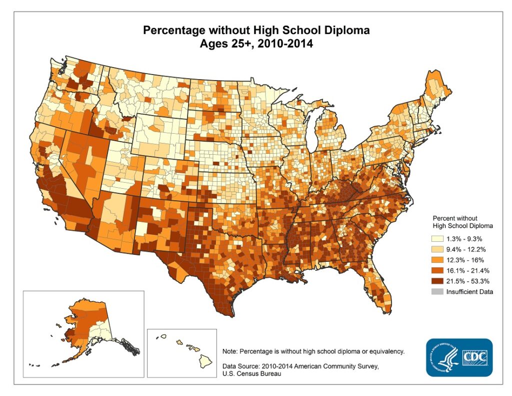 Percentage without High School Diploma Ages 25+, 2010-2014