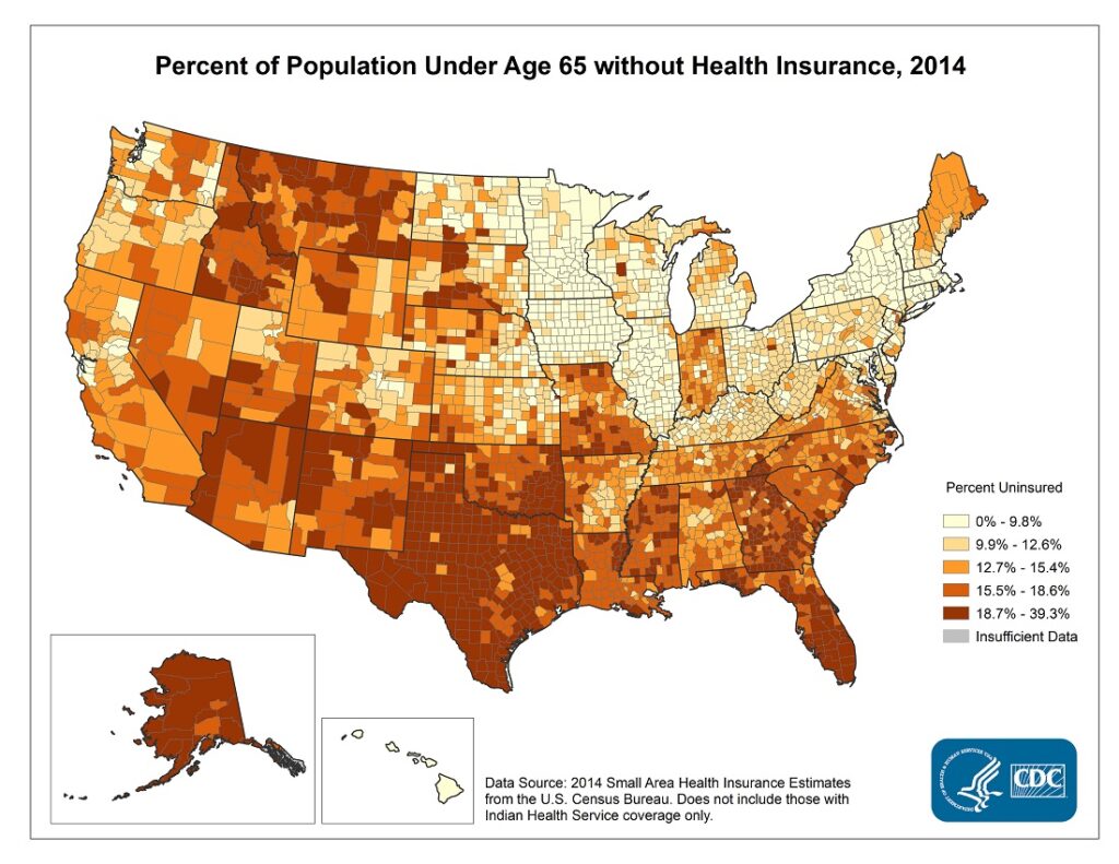 Percent of Population Under Age 65 without Health Insurance, 2014