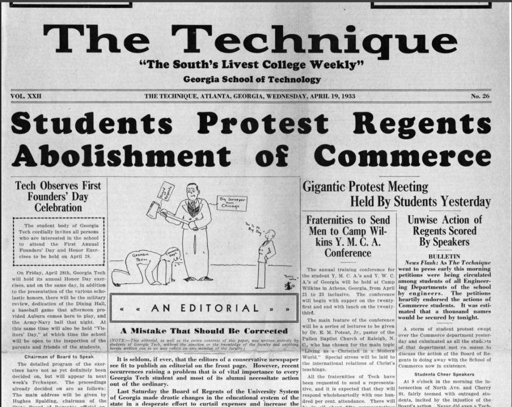 Front page of The Technique newspaper with the headline "Students Protest Regents Abolishment of Commerce"
