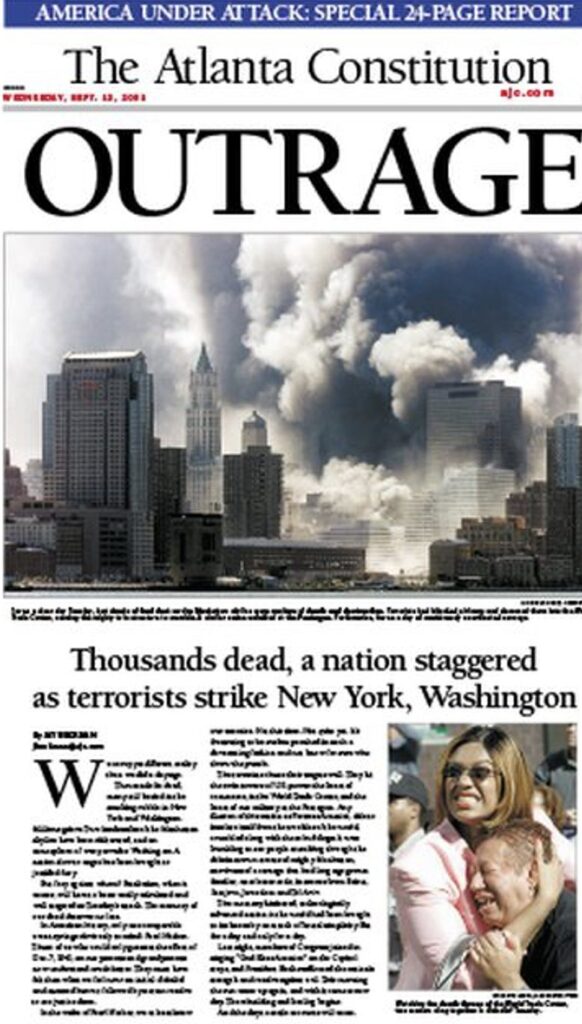 Front page of the Atlanta Constitution from September 12, 2001 with the headline that reads "Outrage: Thousands dead, a nation staggered as terrorists strike New York, Washington"