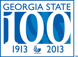 Georgia State 100 logo in blue with the years 1913 and 2013 at the bottom and the Georgia State symbol between them