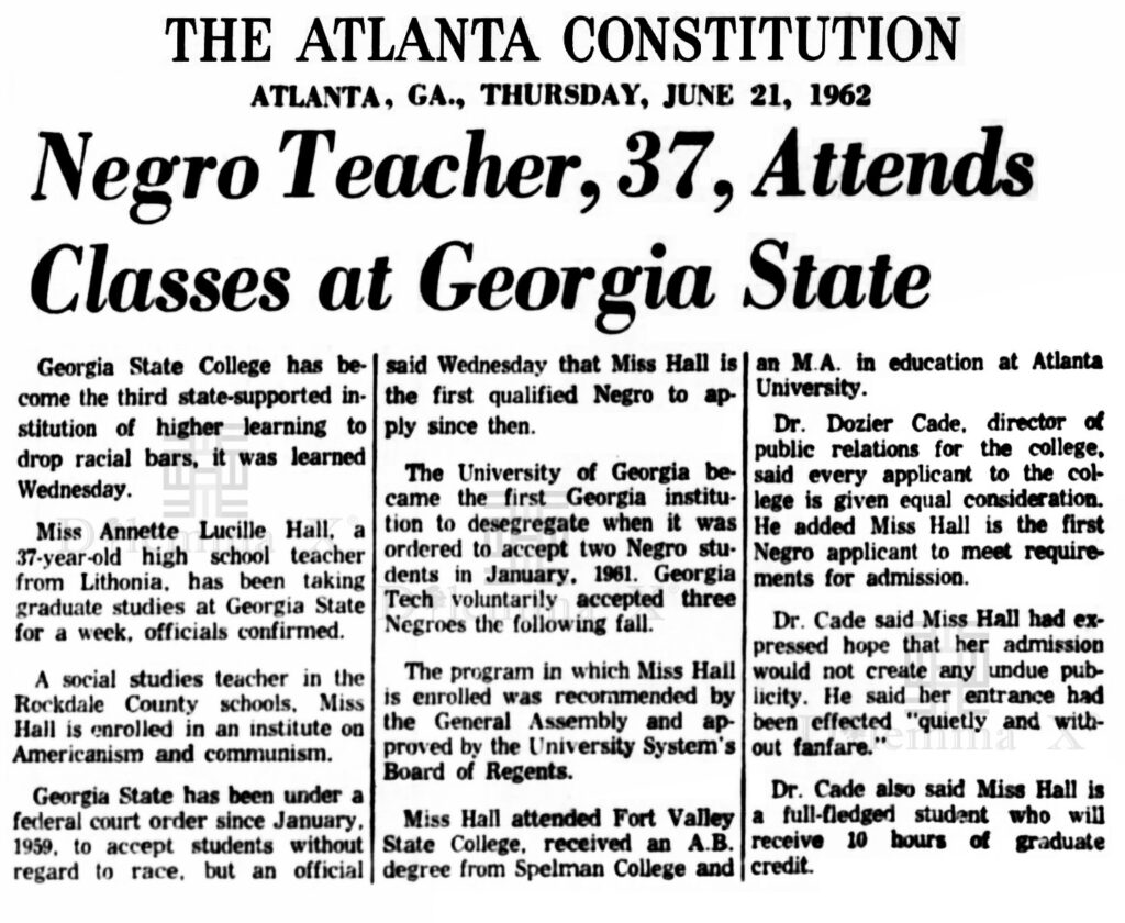 Atlanta Constitution article from June 21, 1962, with the headline "Negro Teacher, 37, Attends Classes at Georgia State