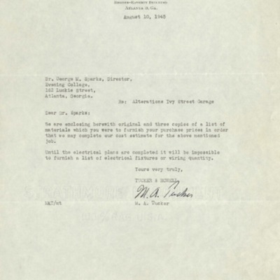 Letter to George M. Sparks from M. A. Tucker