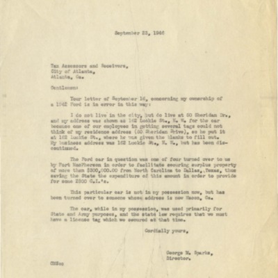 Letter Exchange between Atlanta Tax Assessors and George M. Sparks