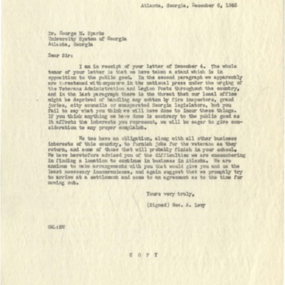 Letter to George M. Sparks from George A. Levy