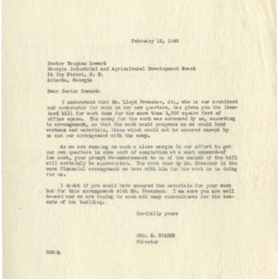 Letter to Doctor Vaughan Howard from George M. Sparks