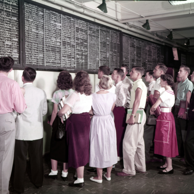 College students line up to view class schedules on chalkboards, 1953