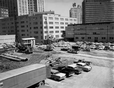 Construction near Kell and Sparks Hall parking lots at Georgia State University, 1964