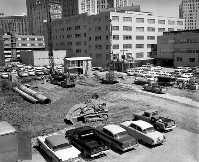 Parking lots between Kell and Sparks Hall on Georgia State University campus, 1964